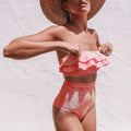 Women Two Piece Swimsuit Niche Striped Ruffle Collar High Waist Bikini Swimwear