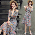 Img 1 - Summer Korean Sweet Look Tube Spaghetti Strap Floral Dress Mid-Length Bare Shoulder Flare Dress