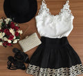 Strap Sleeveless Summer Vintage V-Neck Lace Black White Women Short Dress Chiffon Dress