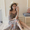 Img 4 - Summer Korean Sweet Look Tube Spaghetti Strap Floral Dress Mid-Length Bare Shoulder Flare Dress