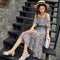 Img 2 - Summer Korean Sweet Look Tube Spaghetti Strap Floral Dress Mid-Length Bare Shoulder Flare Dress
