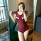 Swimsuit Spa Ruffle Collar One-Piece Flattering V-Neck Slim Look Korea Bare Back Swimwear