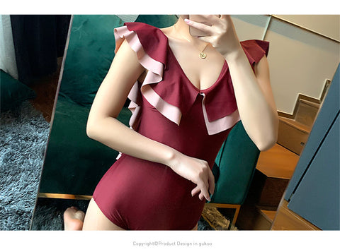 IMG 110 of Swimsuit Spa Ruffle Collar One-Piece Flattering V-Neck Slim Look Korea Bare Back Swimwear