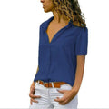 Europe Solid Colored Short Sleeve Lapel Women Tops Popular Blouse