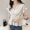Img 3 - Summer Trendy Ruffle Short Sleeve V-Neck Striped Blouse Feminine Elegant Slim Look Korean Shirt Blouse