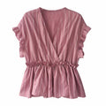 Img 5 - Summer Trendy Ruffle Short Sleeve V-Neck Striped Blouse Feminine Elegant Slim Look Korean Shirt Blouse
