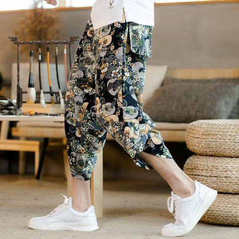 Summer Oriental Cotton Blend Loose Flaxen Cultural Style Cropped Pants