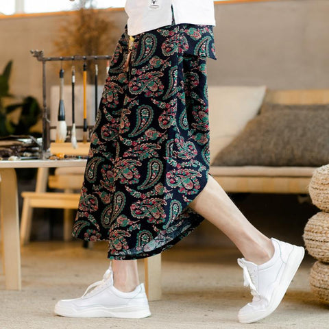 Summer Oriental Cotton Blend Loose Flaxen Cultural Style Cropped Pants