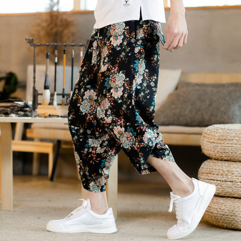 Summer Oriental Cotton Blend Loose Flaxen Cultural Style Cropped Pants