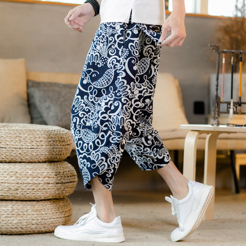 Summer Oriental Cotton Blend Loose Flaxen Cultural Style Cropped Pants