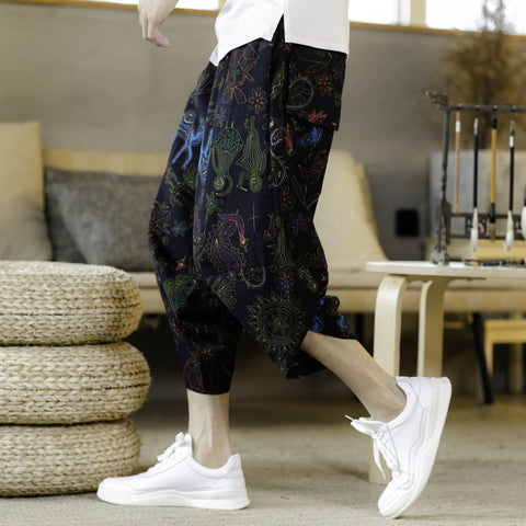 Summer Oriental Cotton Blend Loose Flaxen Cultural Style Cropped Pants