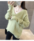 IMG 103 of V-Neck Solid Colored Knitted Undershirt Pullover Women Loose Long Sleeved All-Matching Outerwear