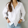 Img 1 - Solid Colored Long Sleeved Shirt Tops Minimalist Loose Slim Look Lapel Women Blouse