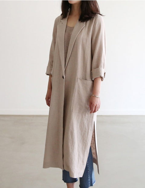 IMG 105 of Korea Suits Windbreaker Thin Women Long Cotton Blend Suit Flaxen Sunscreen Outerwear