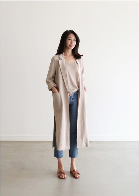 IMG 111 of Korea Suits Windbreaker Thin Women Long Cotton Blend Suit Flaxen Sunscreen Outerwear