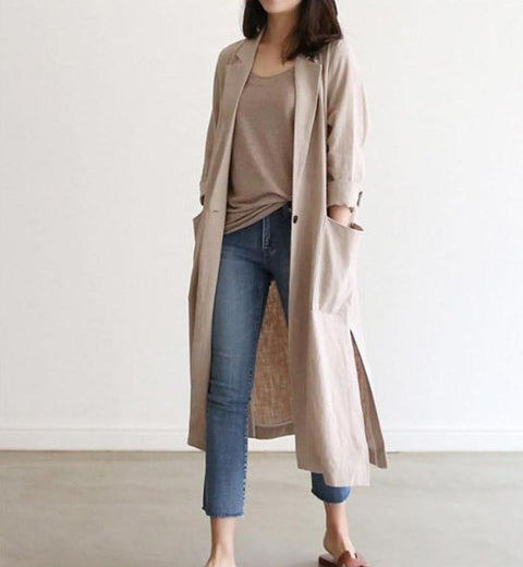 IMG 103 of Korea Suits Windbreaker Thin Women Long Cotton Blend Suit Flaxen Sunscreen Outerwear
