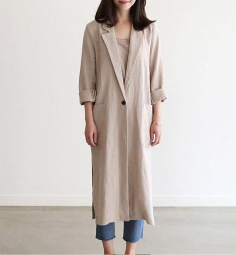 IMG 102 of Korea Suits Windbreaker Thin Women Long Cotton Blend Suit Flaxen Sunscreen Outerwear