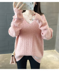 IMG 112 of V-Neck Solid Colored Knitted Undershirt Pullover Women Loose Long Sleeved All-Matching Outerwear