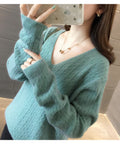 IMG 106 of V-Neck Solid Colored Knitted Undershirt Pullover Women Loose Long Sleeved All-Matching Outerwear
