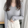 V-Neck Knitted Long Sleeved Slimming Fitted Warm Tops Vintage Slim-Look Women Sweater