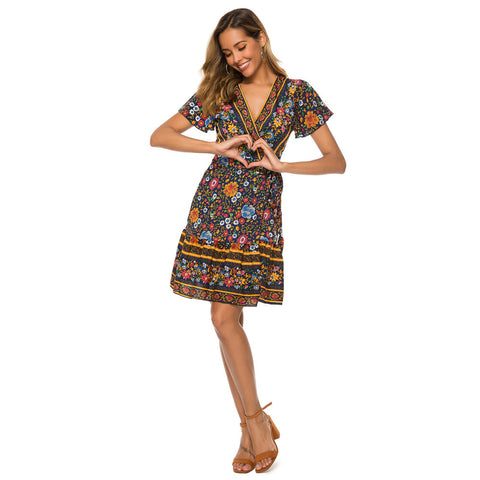 Img 3 - Europe Women Skirt Popular Short Sleeve V-Neck Printed Beach Dress Beachwear