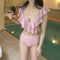 Img 4 - Korea Popular Inspired White Two Piece Ruffle Collar V-Neck Pink Student High Waist Swimsuit Women