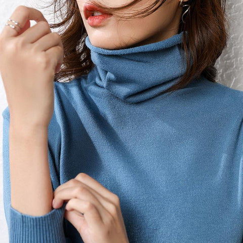 Women Matching Korean Solid Colored Turtleneck Long Sleeved Knitted Short High Collar Sweater Outerwear