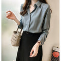 Women Korean Elegant Solid Colored Long Sleeved Tops Minimalist OL Chiffon Shirt Blouse