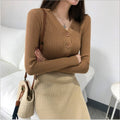 Img 6 - Women V-Neck Long Sleeved Slimming Solid Colored Tops Sweater