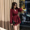 Img 3 - Women Loose High Waist Cross V-Neck Long Sleeved Strap Solid Colored Slim-Look A-Line Dress