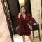 Img 8 - Women Loose High Waist Cross V-Neck Long Sleeved Strap Solid Colored Slim-Look A-Line Dress