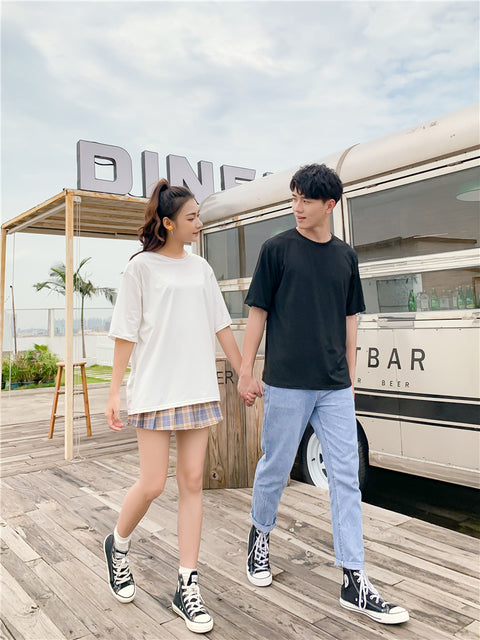IMG 115 of Uniform Men Women Korean Candy Solid Colored Loose Casual Mid-Length Half Sleeved Short Sleeve T-Shirt Tops Couple T-Shirt
