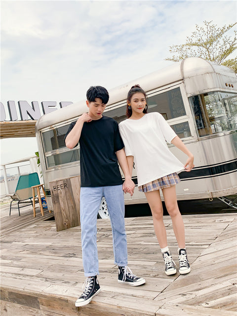 IMG 111 of Uniform Men Women Korean Candy Solid Colored Loose Casual Mid-Length Half Sleeved Short Sleeve T-Shirt Tops Couple T-Shirt