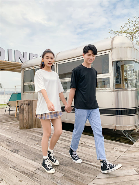 IMG 117 of Uniform Men Women Korean Candy Solid Colored Loose Casual Mid-Length Half Sleeved Short Sleeve T-Shirt Tops Couple T-Shirt