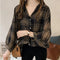 Img 3 - Long Sleeved Blouse Korean Loose Plus Size Lantern Chequered Tops Chiffon Blouse