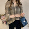 Img 6 - Long Sleeved Blouse Korean Loose Plus Size Lantern Chequered Tops Chiffon Blouse