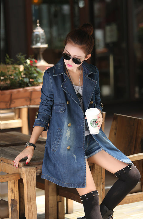 IMG 132 of Denim Women Mid-Length Casual Double-Breasted Windbreaker Outerwear