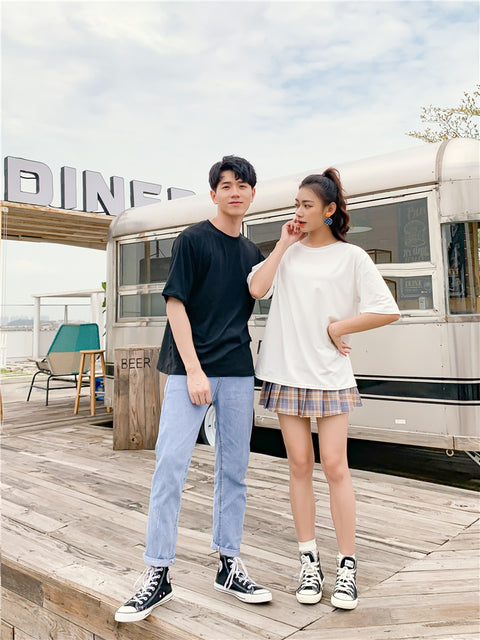 IMG 114 of Uniform Men Women Korean Candy Solid Colored Loose Casual Mid-Length Half Sleeved Short Sleeve T-Shirt Tops Couple T-Shirt