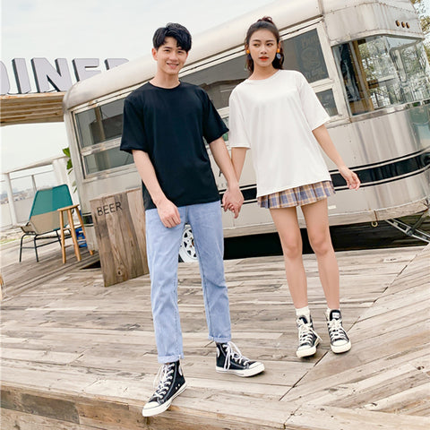 Img 4 - Uniform Men Women Korean Candy Solid Colored Loose Casual Mid-Length Half Sleeved Short Sleeve T-Shirt Tops Couple