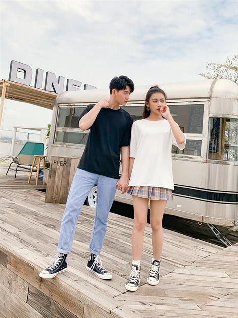 IMG 112 of Uniform Men Women Korean Candy Solid Colored Loose Casual Mid-Length Half Sleeved Short Sleeve T-Shirt Tops Couple T-Shirt