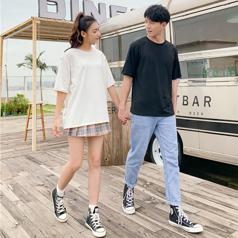 Img 2 - Uniform Men Women Korean Candy Solid Colored Loose Casual Mid-Length Half Sleeved Short Sleeve T-Shirt Tops Couple