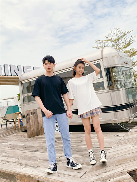 IMG 109 of Uniform Men Women Korean Candy Solid Colored Loose Casual Mid-Length Half Sleeved Short Sleeve T-Shirt Tops Couple T-Shirt