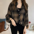 Long Sleeved Blouse Korean Loose Plus Size Lantern Chequered Tops Chiffon Blouse