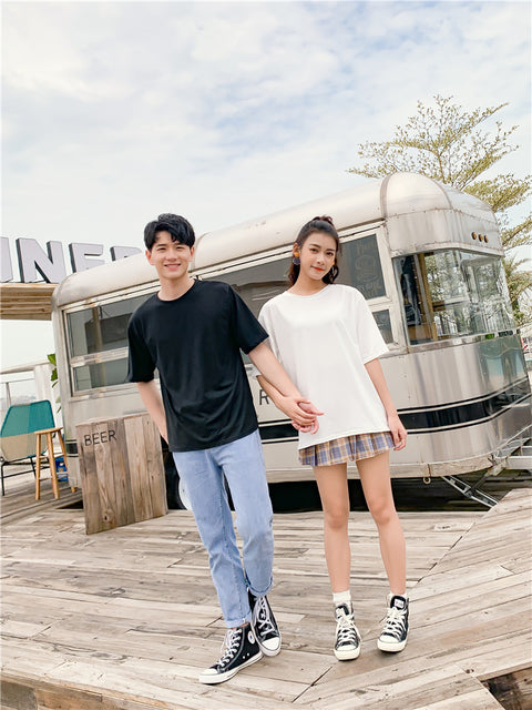 IMG 108 of Uniform Men Women Korean Candy Solid Colored Loose Casual Mid-Length Half Sleeved Short Sleeve T-Shirt Tops Couple T-Shirt