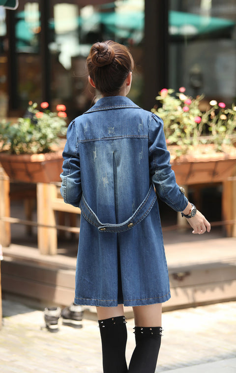 IMG 134 of Denim Women Mid-Length Casual Double-Breasted Windbreaker Outerwear