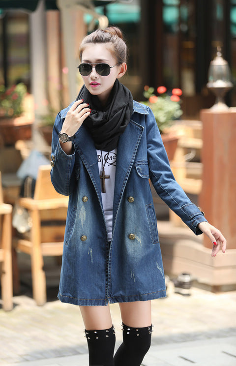 IMG 126 of Denim Women Mid-Length Casual Double-Breasted Windbreaker Outerwear