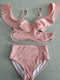 Korea Popular Inspired White Two Piece Ruffle Collar V-Neck Pink Student High Waist Swimsuit Women Swimwear