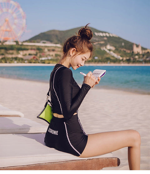 IMG 107 of Sporty Two Piece Slim Look Swimsuit Women Black Long Sleeved Korean ins Swimwear