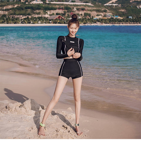 IMG 115 of Sporty Two Piece Slim Look Swimsuit Women Black Long Sleeved Korean ins Swimwear