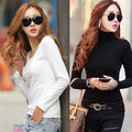 Img 1 - Solid Colored Long Sleeved T-Shirt Women High Collar Warm Undershirt